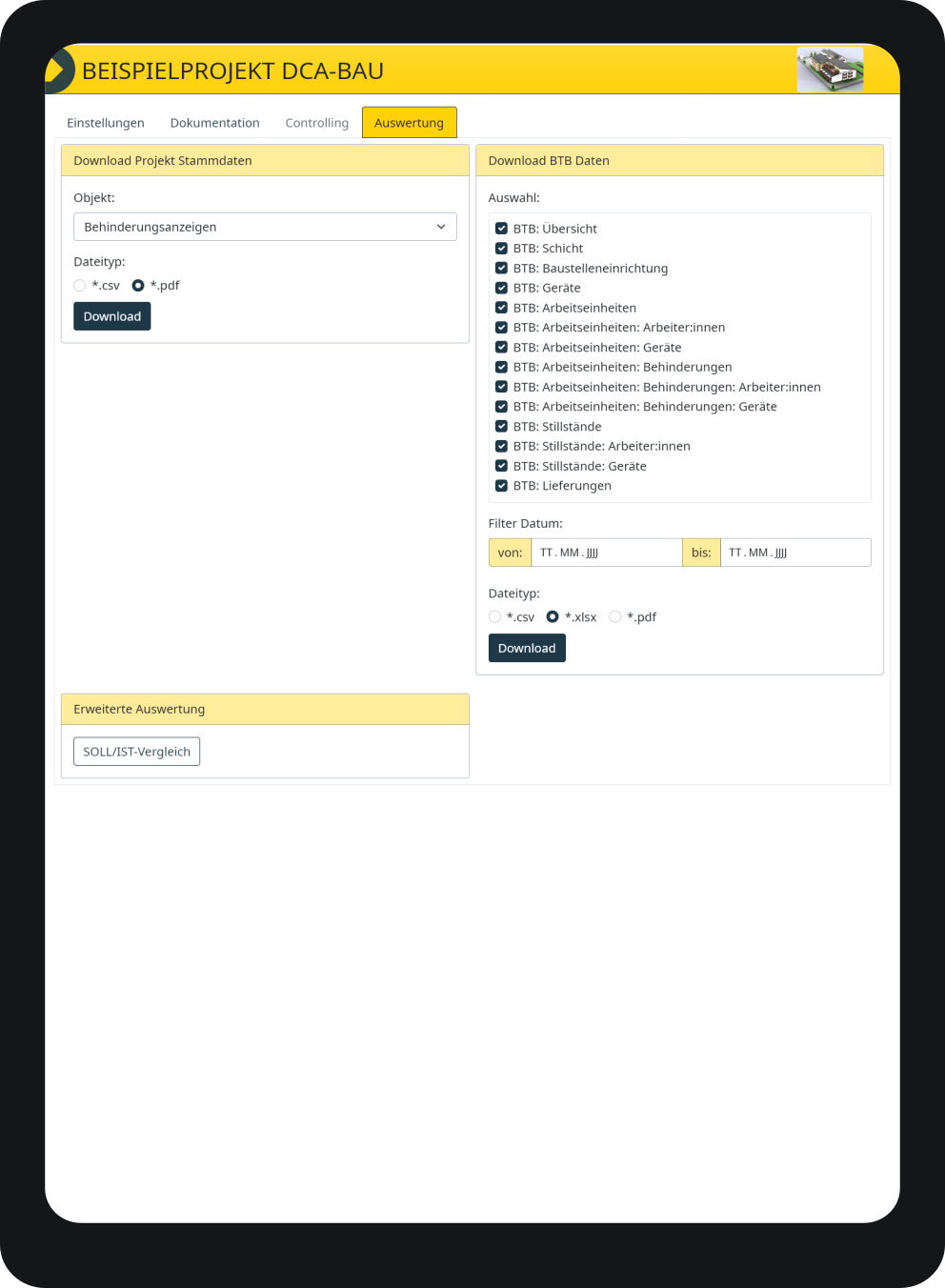 Eine Ansicht möglicher Optionen für einen individuellen Datenexport. CSV und XLSX für die individuelle Weiterverabeitung sowie PDF für einen sauber formatierten Ausdruck.