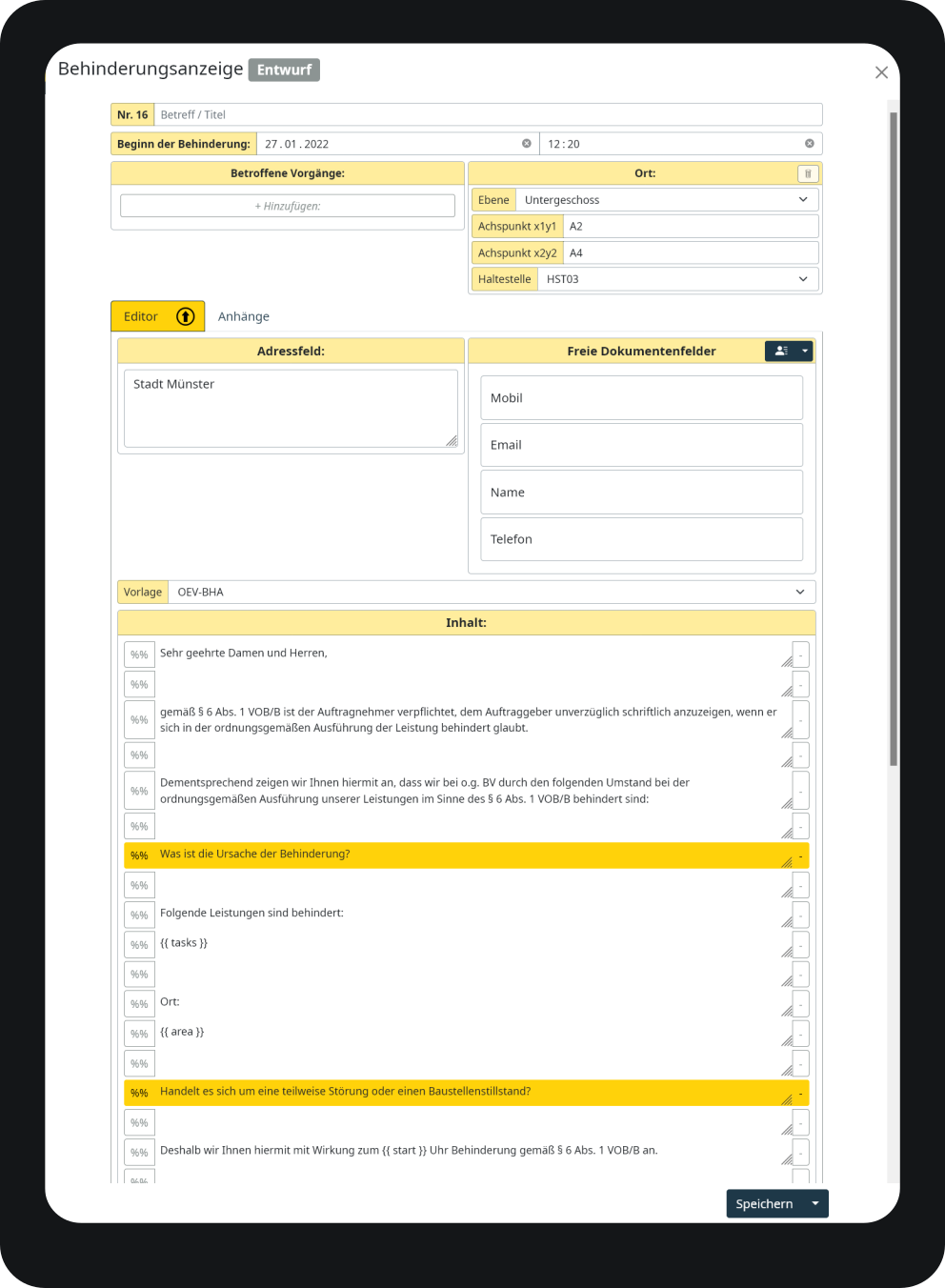 Ein Screenshot des integrierten Schriftsatzeditor. Hiermit können rechtlich relevante Schreiben erstellt werden und
            zugleich die wesentlichen Datenpunkte strukturiert gespeichert werden.