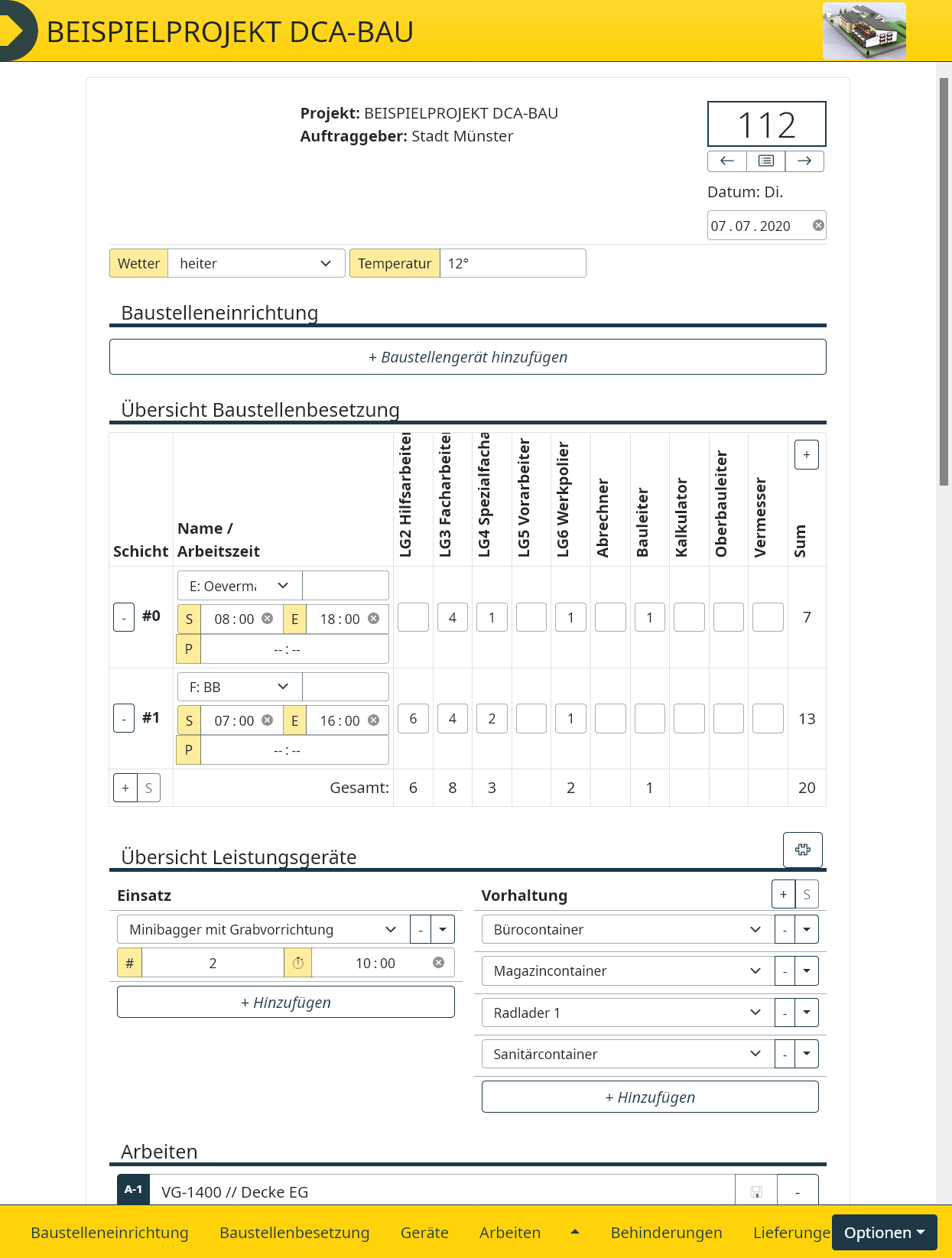 Ein Screenshot der Eingabemaske aus der Web App DCA BAU zur professionellen Baustellendokumentation.