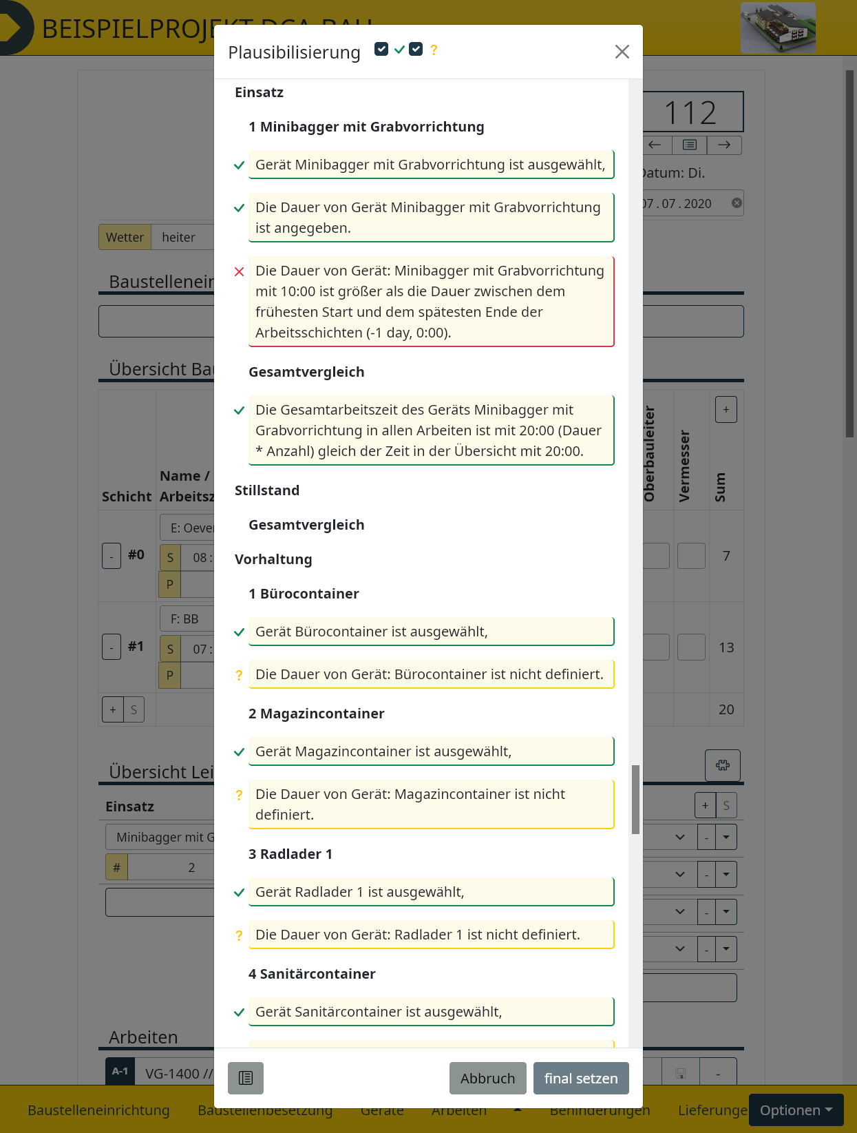 Ein Screenshot zeigt die Plausibilitätsprüfung der Web App DCA BAU.
          Die Software für eine professionellen Baustellendokumentation.